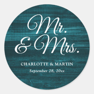 Sticker Rond Rustic Wood Turquoise M. et Mme Mariage