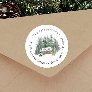 Sticker Rond Rustic Woodland Cabine de Noël Adresse de retour