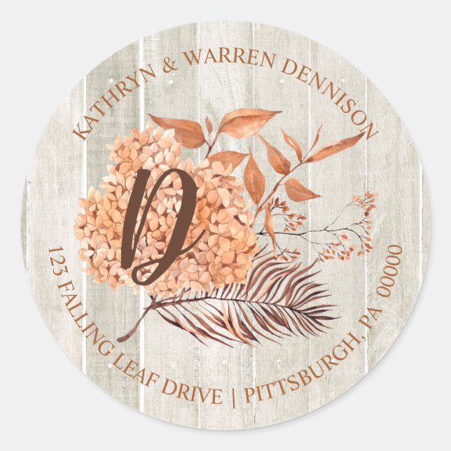 Sticker Rond Rustic Woodsy Terracotta Hydrangea Adresse de reto (Devant)