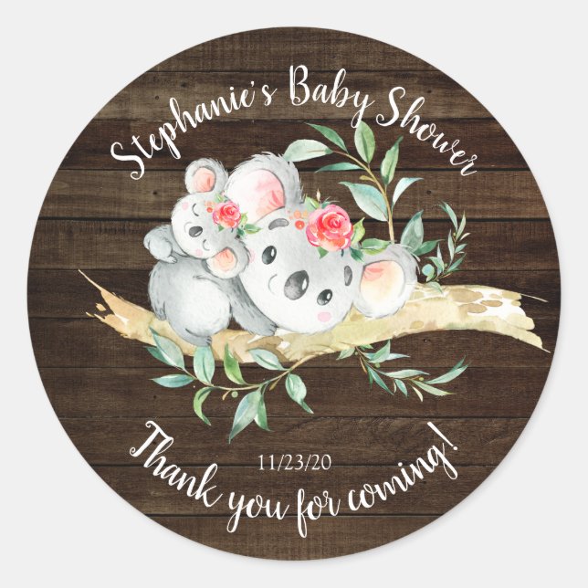 Sticker Rond Rustique Adorable Koala Ours Girls Baby shower Fav (Devant)