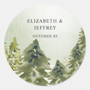 Sticker Rond Rustique Aquarelle Montagnes Pine Mariage d'hiver