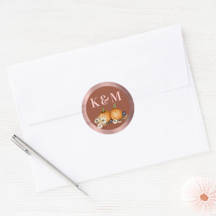 Sticker Rond Rustique Automne Botanique Citrouille Mariage Mono