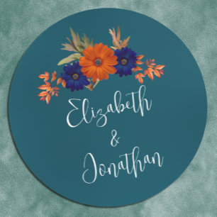 Sticker Rond Rustique Automne Orange Navy Bleu Floral Mariage