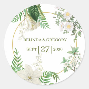 Sticker Rond Rustique blanc vert aquarelle Mariage or Floral