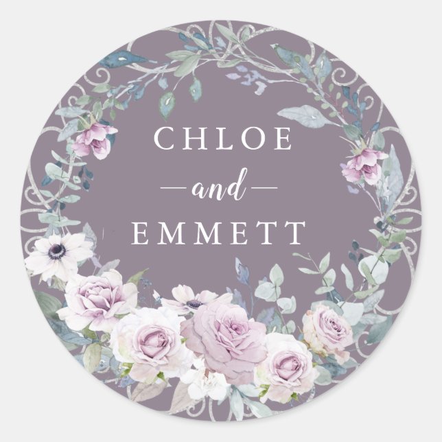 Sticker Rond Rustique Blush violet Rose Wreath Wedding Favor (Devant)