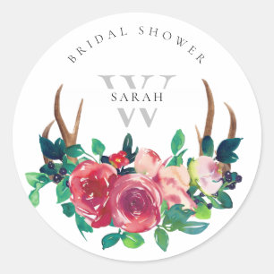 Sticker Rond Rustique Bohème Rouge Floral Cerf Bois de Cerf Sho