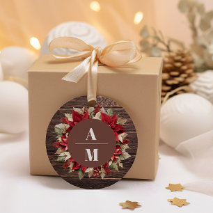 Sticker Rond Rustique Bois Poinsettia Floral Mariage de Noël
