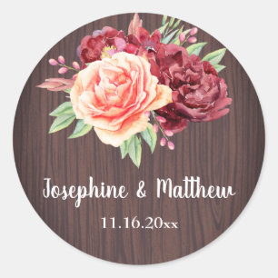 Sticker Rond Rustique Bourgogne Floral Aquarelle Mariage