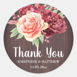 Sticker Rond Rustique Bourgogne Floral Aquarelle Mariage