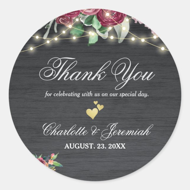 Sticker Rond Rustique Bourgogne Mason Jar éclaire Merci Mariage (Devant)