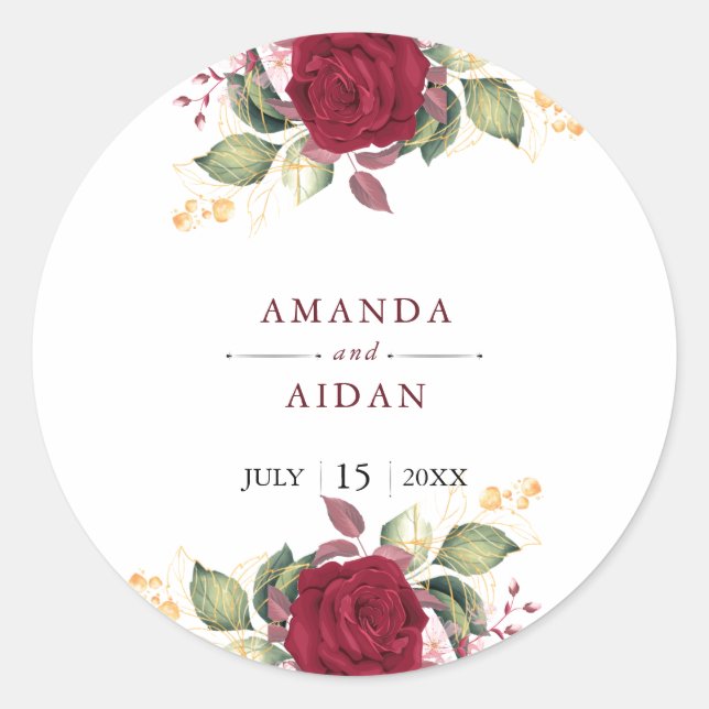 Sticker Rond Rustique Bourgogne Rouge Floral Mariage (Devant)