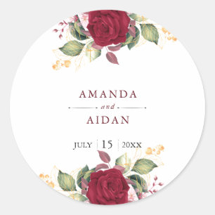 Sticker Rond Rustique Bourgogne Rouge Floral Mariage