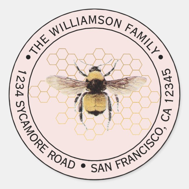 Sticker Rond Rustique BumbleBee Round Retour Adresse Rose (Devant)