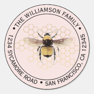 Sticker Rond Rustique BumbleBee Round Retour Adresse Rose
