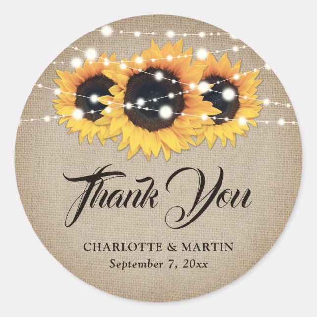 Sticker Rond Rustique Burlap Sunflower Merci Mariage Faveur (Devant)