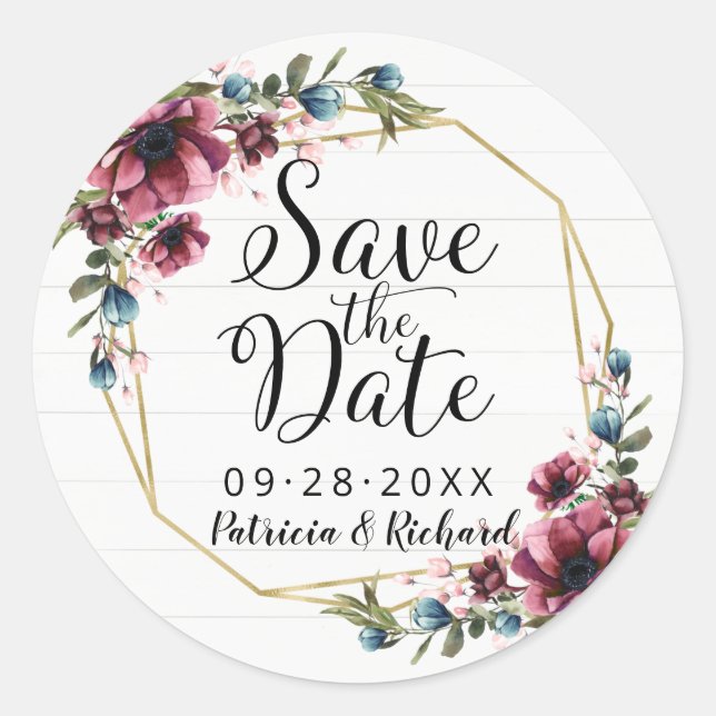 Sticker Rond Rustique Chic Bourgogne Floral Enregistrer La Date (Devant)