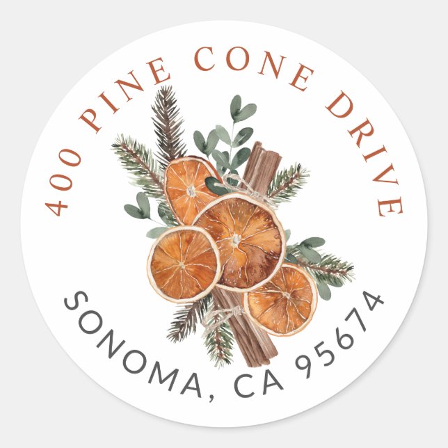 Sticker Rond Rustique Citrus Pine Holiday Adresse de retour (Devant)