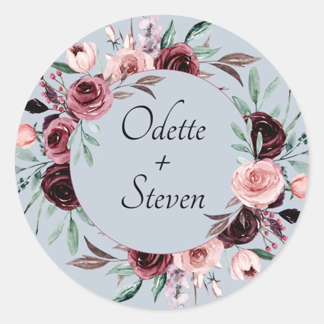 Sticker Rond Rustique Dusty Blue et bourgogne Mariage (Devant)