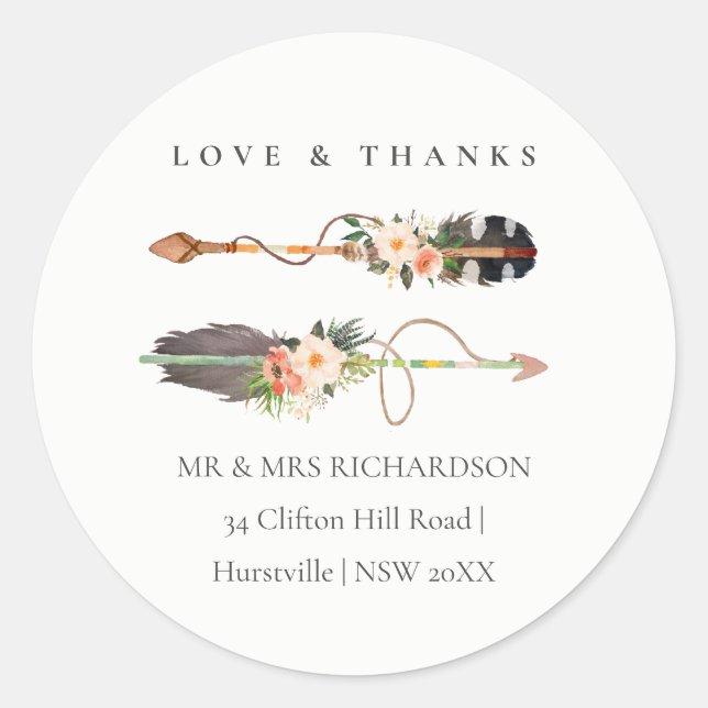 Sticker Rond Rustique Elegant Boho Feather Floral Arrow Adresse (Devant)