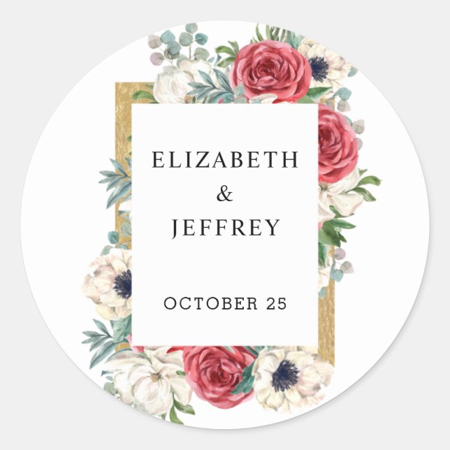 Sticker Rond Rustique Elegant Rouge et or Floral Blanc Mariage (Devant)