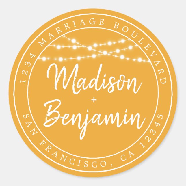 Sticker Rond Rustique Fairy Lights Mellow Yellow Adresse de ret (Devant)