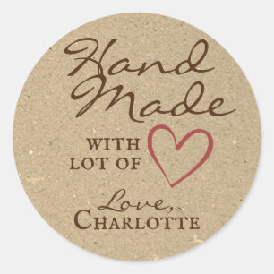 Sticker Rond Rustique fait à la main avec amour Brown coeur pap