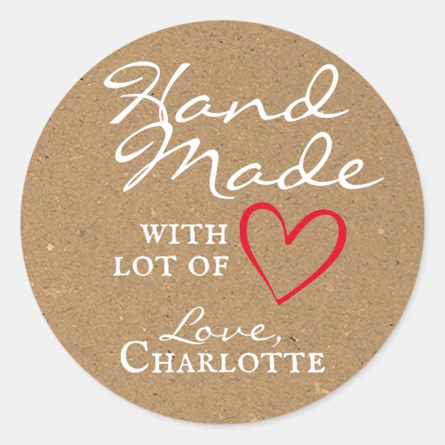 Sticker Rond Rustique fait à la main avec l'amour Rouge Coeur P (Devant)