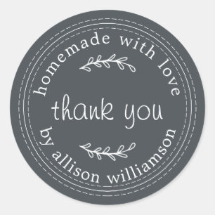 Sticker Rond Rustique Fait Maison Avec Amour Merci Blanc Noir