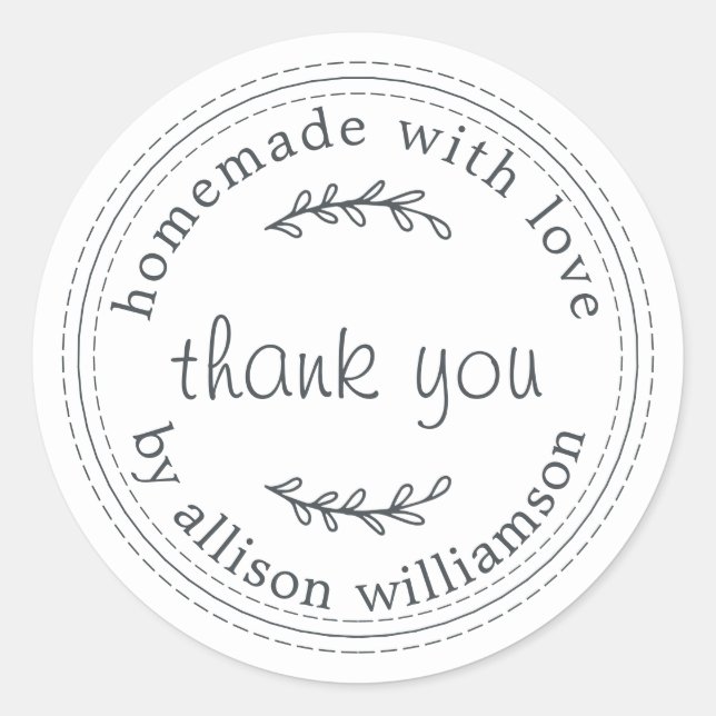 Sticker Rond Rustique Fait Maison Avec Amour Merci Blanc Noir (Devant)