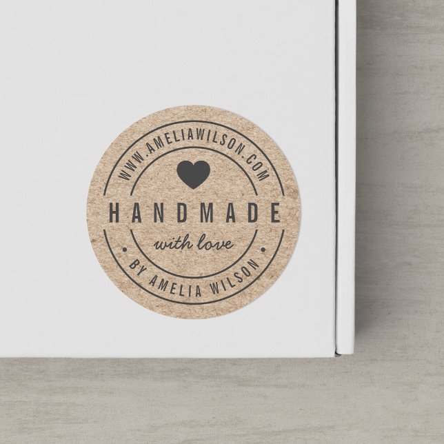 Sticker Rond Rustique Faux Kraft Téméraire Fait main avec coeur (Créateur téléchargé)
