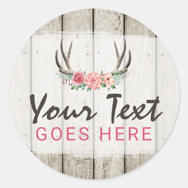 Sticker Rond Rustique Floral Antlers Shabby Chic Roses & Bois (Devant)