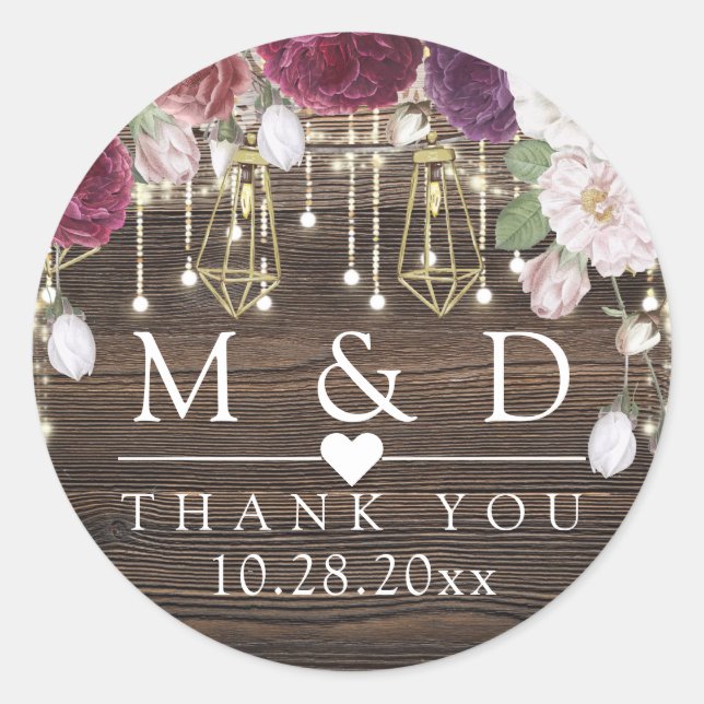 Sticker Rond Rustique Floral Bois Chaîne illumine Mariage Merci (Devant)