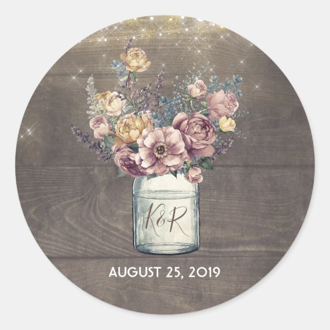Sticker Rond Rustique Floral Mason Jar Gold et Mauve Mariage (Devant)