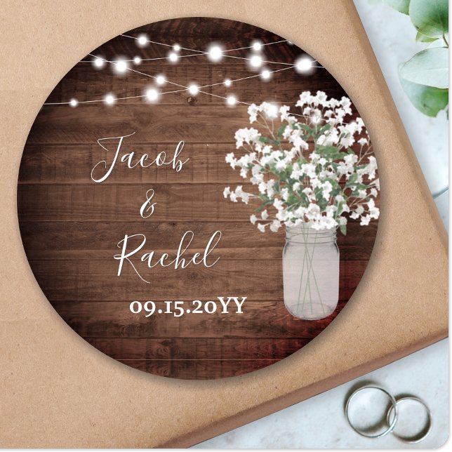 Sticker Rond Rustique Floral Mason Jar & Mariage Lumières (Créateur téléchargé)