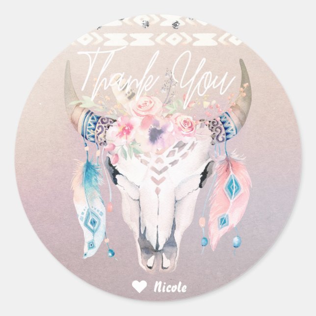 Sticker Rond Rustique Glam Boho Floral Vache Crâne Chic Party F (Devant)