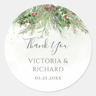 Sticker Rond Rustique hiver verdure Berries Pine Cone Mariage