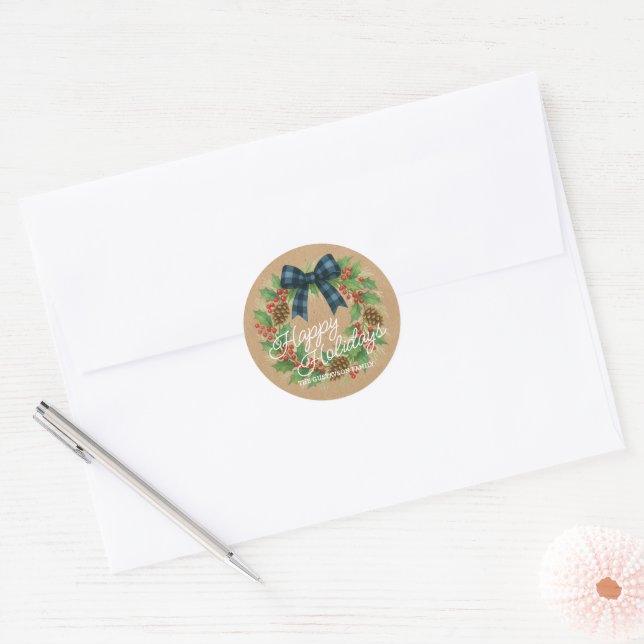 Sticker Rond Rustique Holly Wreath Bleu Noir À damiers Bow (Enveloppe)