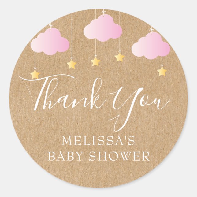 Sticker Rond Rustique kraft scintiller baby shower rose (Devant)