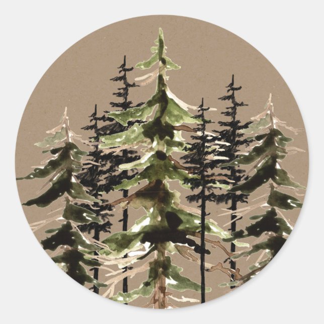 Sticker Rond Rustique Kraft Winter Woodland Spruce Trees Classi (Devant)