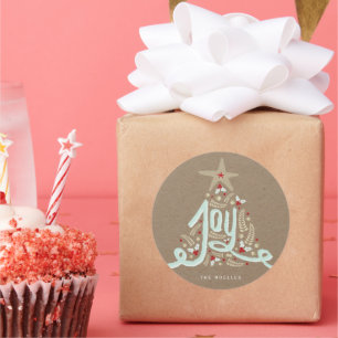 Sticker Rond Rustique Main Lettré Joie Calligraphie Kraft Holid