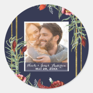 Sticker Rond Rustique Marsala Floral Photo Marine Mariage bleu 