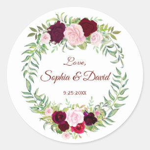 Sticker Rond Rustique Marsala Floral Wreath Bourgogne Mariage R
