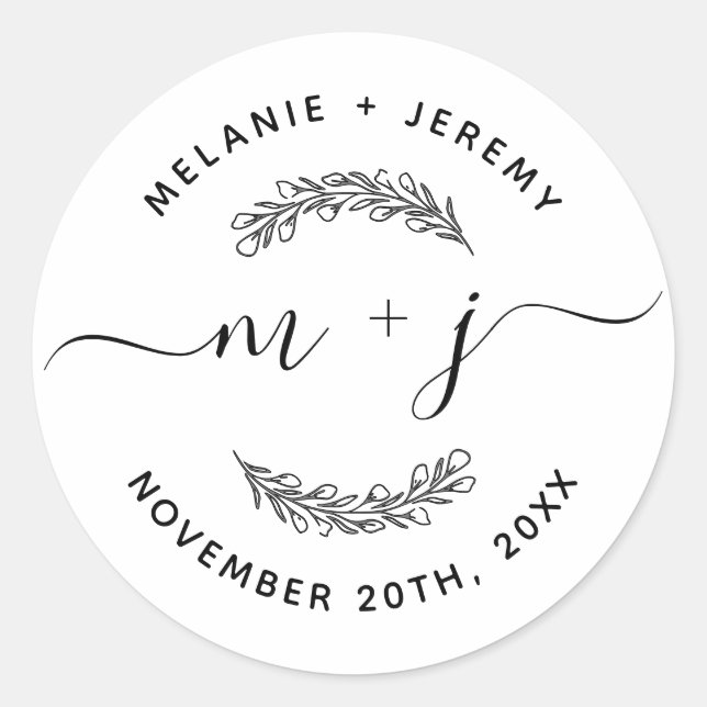Sticker Rond Rustique moderne Feuille Initiales Script Mariage  (Devant)