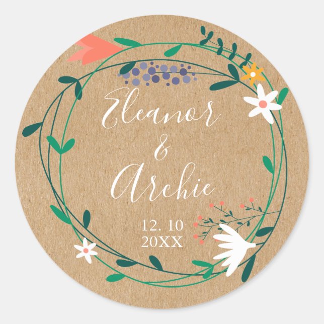Sticker Rond Rustique Pays Floral Garland Mariage Faveur (Devant)