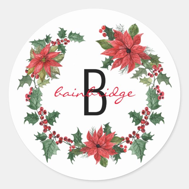 Sticker Rond Rustique Poinsettia Wreath Monogramme Noël (Devant)