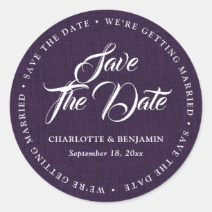 Sticker Rond Rustique Purple Burlap Script Mariage Enregistrer