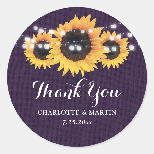 Sticker Rond Rustique Purple Burlap Sunflower Mariage Faveur (Devant)