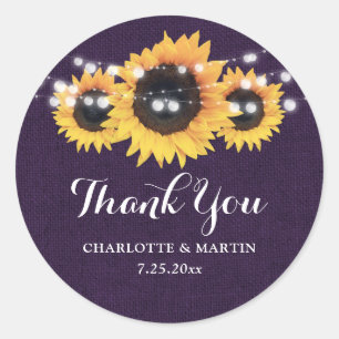 Sticker Rond Rustique Purple Burlap Sunflower Mariage Faveur