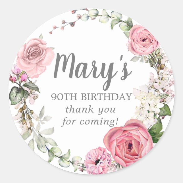 Sticker Rond Rustique rose floral 90e anniversaire Merci classi (Devant)