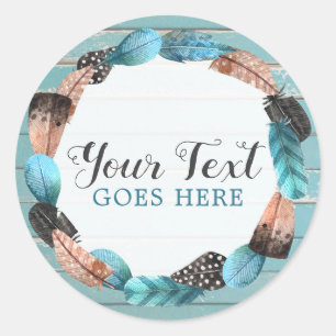 Sticker Rond Rustique Turquoise Bois & Plumes Wreath Boho Chic